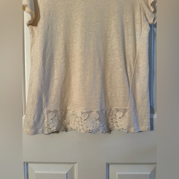 SUNDANCE Sz SMALL Ivory Linen Sheer Floral Lace Short Sleeve T Shirt Romantic - Picture 8 of 9